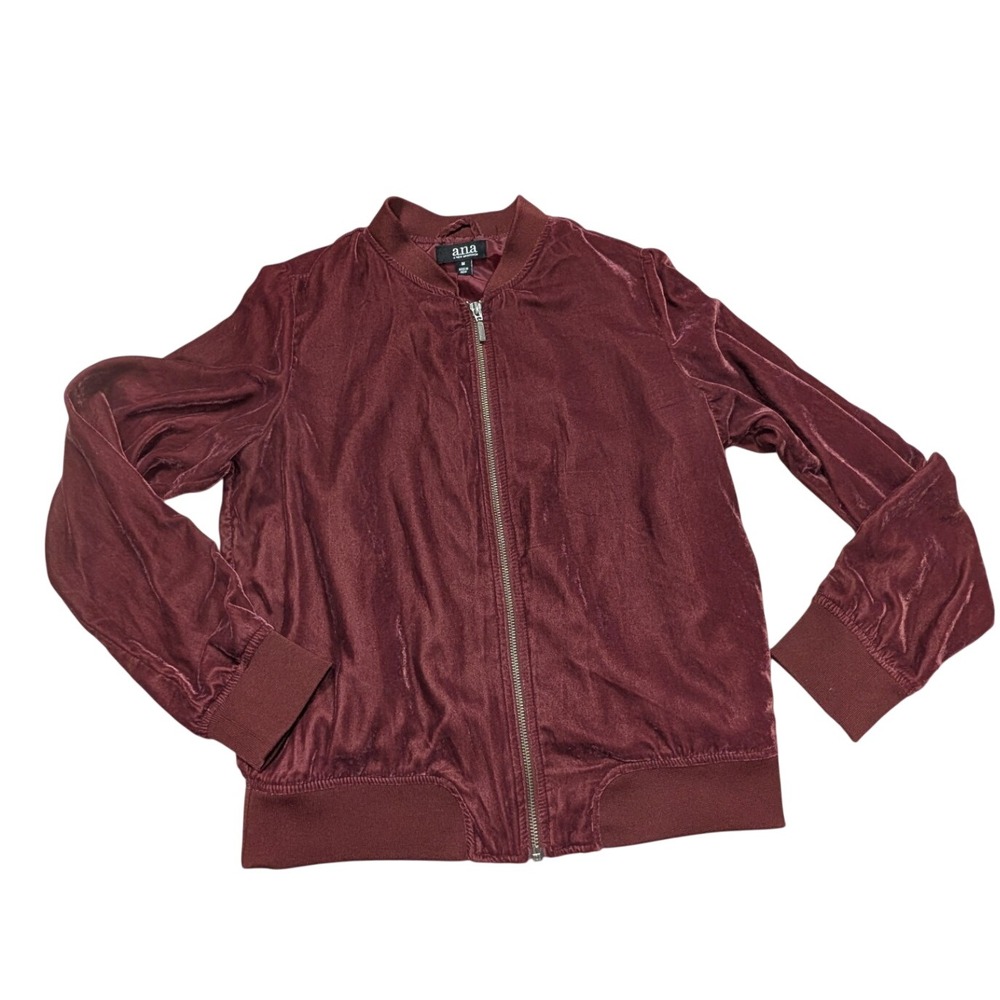 a.n.a Velvet Bomber Jacket Womens M Burgundy Full Zip Soft Streetwear Holiday